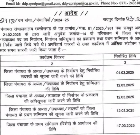 जिला पंचायत अध्यक्ष और उपाध्यक्ष चुनाव टला, संसोधित आदेश जारी