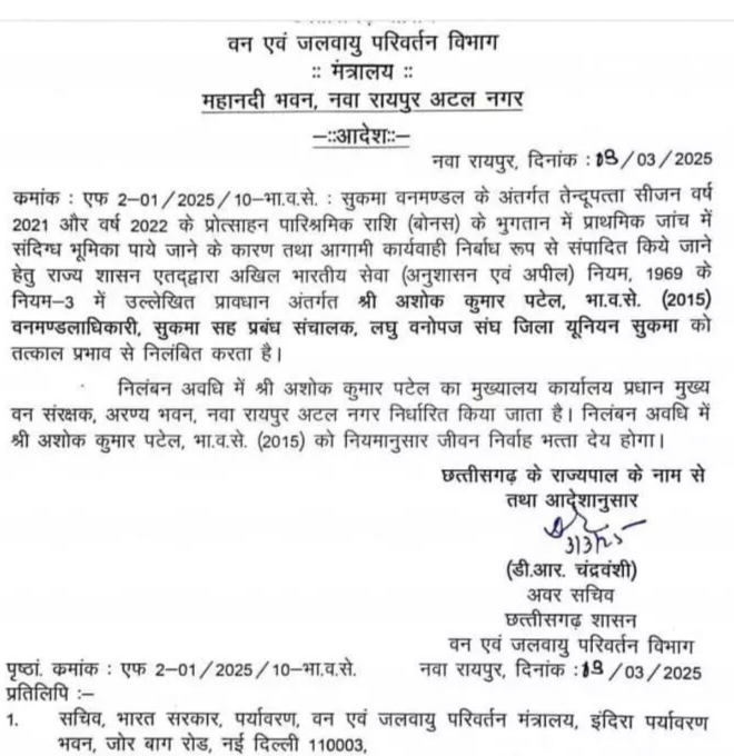 वर्ष 2021: 2022 के प्रोत्साहन राशि के भुगतान में संदिग्ध भूमिका पाये जाने पर IFS अफसर अशोक कुमार पटेल हुए सस्पेंड 