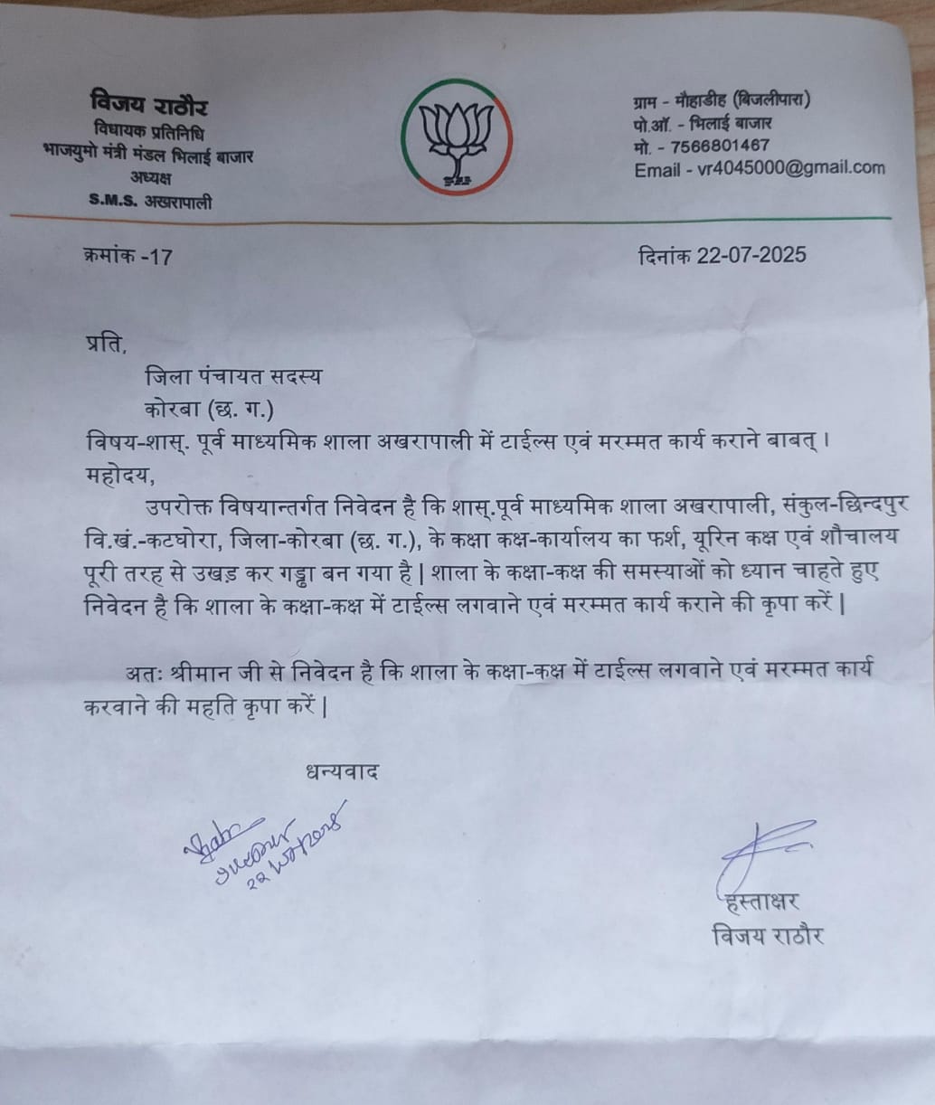 विधायक प्रतिनिधि विजय राठौर ने जिला पंचायत सदस्य को लिखा पत्र 