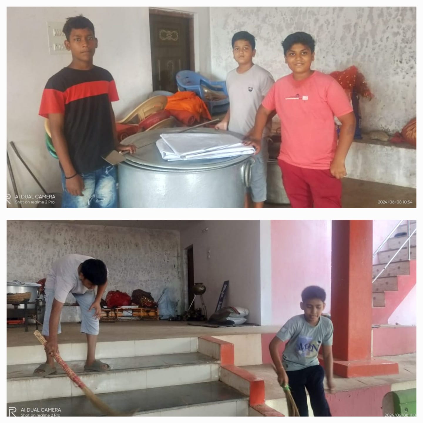 बाल स्वयंसेवकों द्वारा की गई मंदिर में साफ सफाई