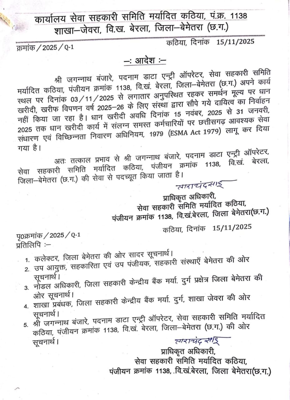 धान खरीदी कार्य में लापरवाही पर कार्रवाई :सेवा सहकारी समिति मर्यादित कठिया के डेटा एंट्री ऑपरेटर जगन्नाथ बंजारे सेवामुक्त