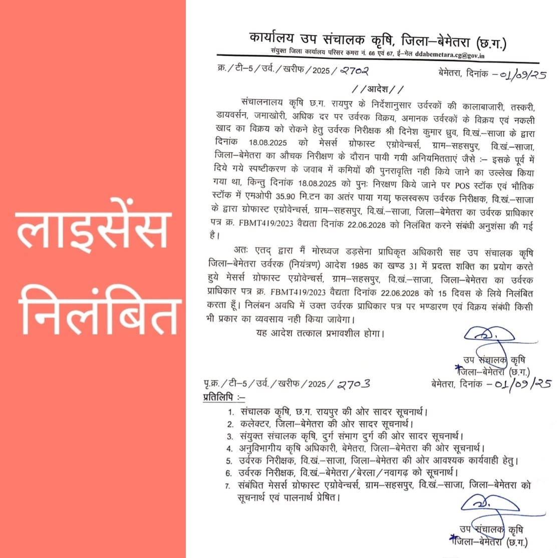 उर्वरक की अनियमितता पर सहसपुर की फर्म का प्राधिकार पत्र 15 दिनों के लिए निलंबित