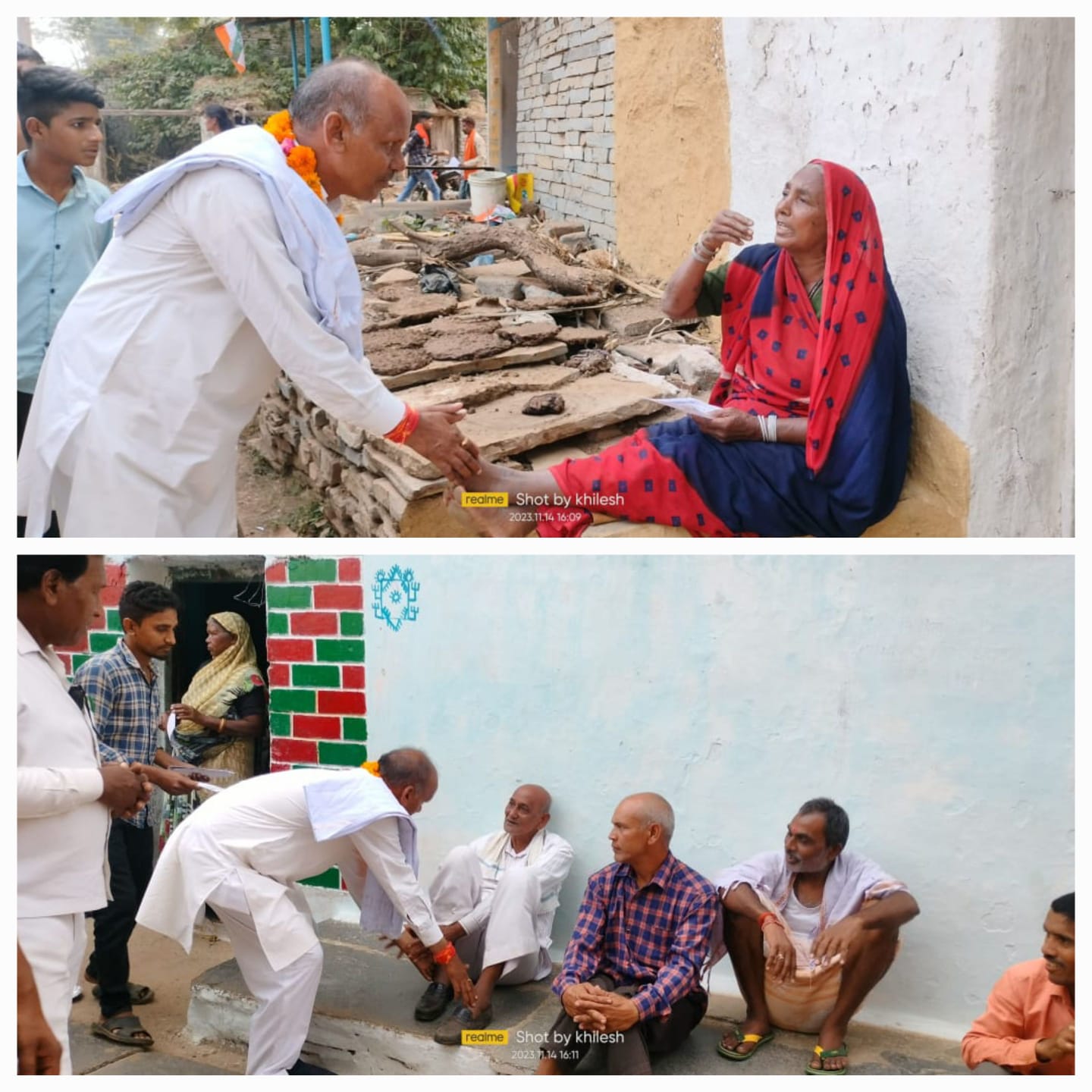 बड़े बुजुर्गों से चरण छूकर आशीर्वाद प्राप्त कर ,जनता का विश्वास हासिल करते हुए गोरेलाल साहू