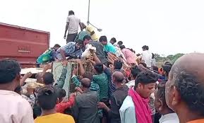 मुर्गियों से भरा वाहन पलटा,चालक वाहन में फंसा रहा और लोग मुर्गियां लूटकर भागते रहे