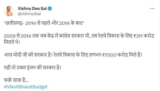 रेल विकास के लिए 7 हजार करोड़ की सौगात : सीएम साय ने कांग्रेस पर कसा तंज, कहा- यही तो है डबल इंजन की सरकार, फर्क साफ है…